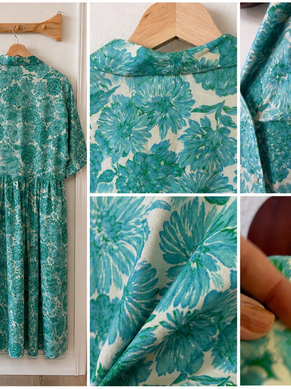 Vintage Silver Palm Cali Teal Floral Pinup Dress w Original Belt Retro 60s L - Picture 3 of 13